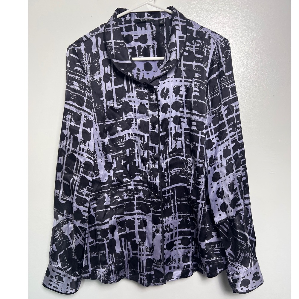 Carlisle Womens 100% Heavy Silk Abstract Geometric Print Blouse Purple Black 8